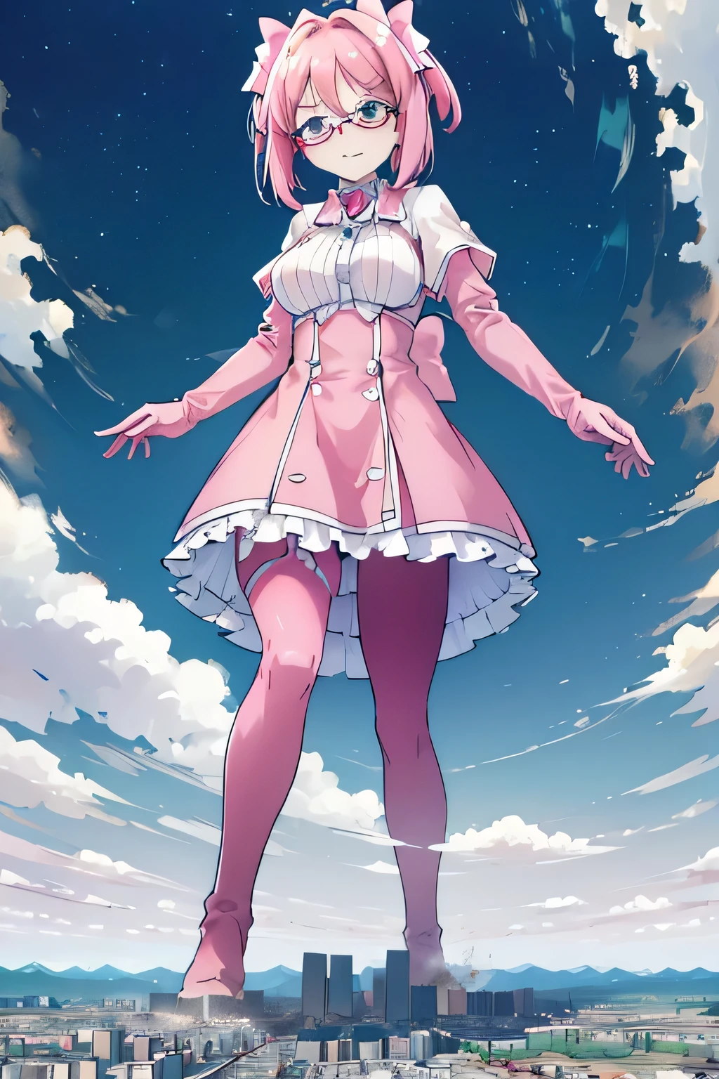 giantess art, highly detailed giantess shots, giantess, Two legs, Five fingers, short hair, A beautiful girl who is bigger than a skyscraper, Wearing rimless glasses, smile, Big Breasts, pink dress, bow, magical girl, pink gloves, pink pantyhose, no shoes on, toes visible through pantyhose, Steam coming out from the soles of my feet, Destroying cities, A very small big city, Miniature metropolis, Full body description, GTS, giga giantess, stomping city, crash city, tiny city, micro city, pantyhose feet, High resolution, highest quality, masterpiece, 