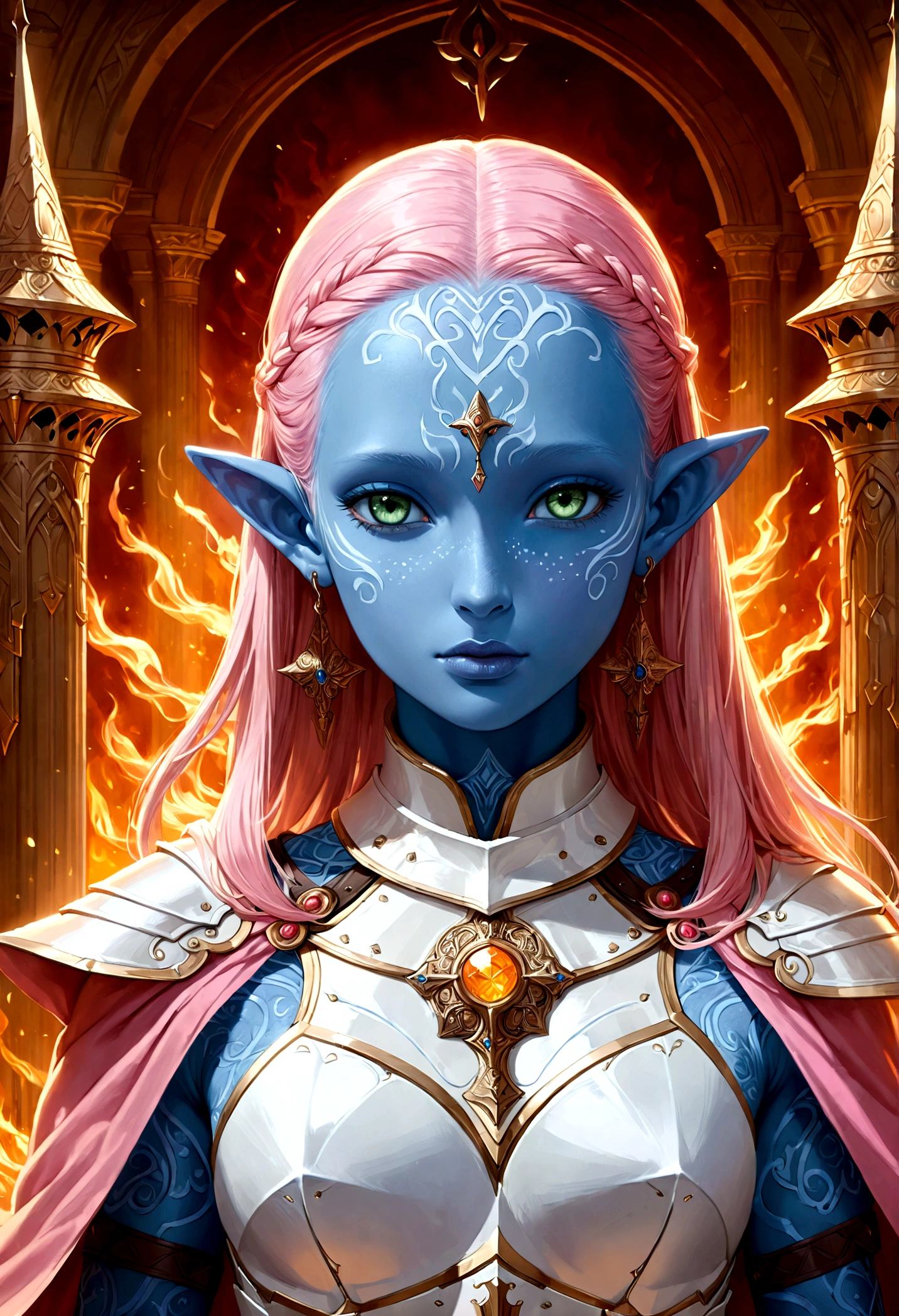 fantasy art, dnd art, RPG art, wide shot, (masterpiece: 1.4) a (portrait: 1.3) intense details, highly detailed, photorealistic, best quality, highres, portrait a female (fantasy art, Masterpiece, best quality: 1.3) ((blue skin: 1.5)), intense details facial details, exquisite beauty, (fantasy art, Masterpiece, best quality) cleric, (blue skinned: 1.3) female, (pink hair: 1.3), long hair, (no ears: 1.5), (green eyes: 1.3), armed with a fiery sword red fire, wearing (white armor: 1.3), wearing high heeled laced boots, wearing an (orange cloak:1.3), wearing glowing holy symbol GlowingRunes_yellow, within fantasy temple background, reflection light, high details, best quality, 16k, [ultra detailed], masterpiece, best quality, (extremely detailed), close up, ultra wide shot, photorealistic, RAW, fantasy art, dnd art, fantasy art, realistic art,((best quality)), ((masterpiece)), (detailed), perfect face,2d anime hand-drawn digital sketch style