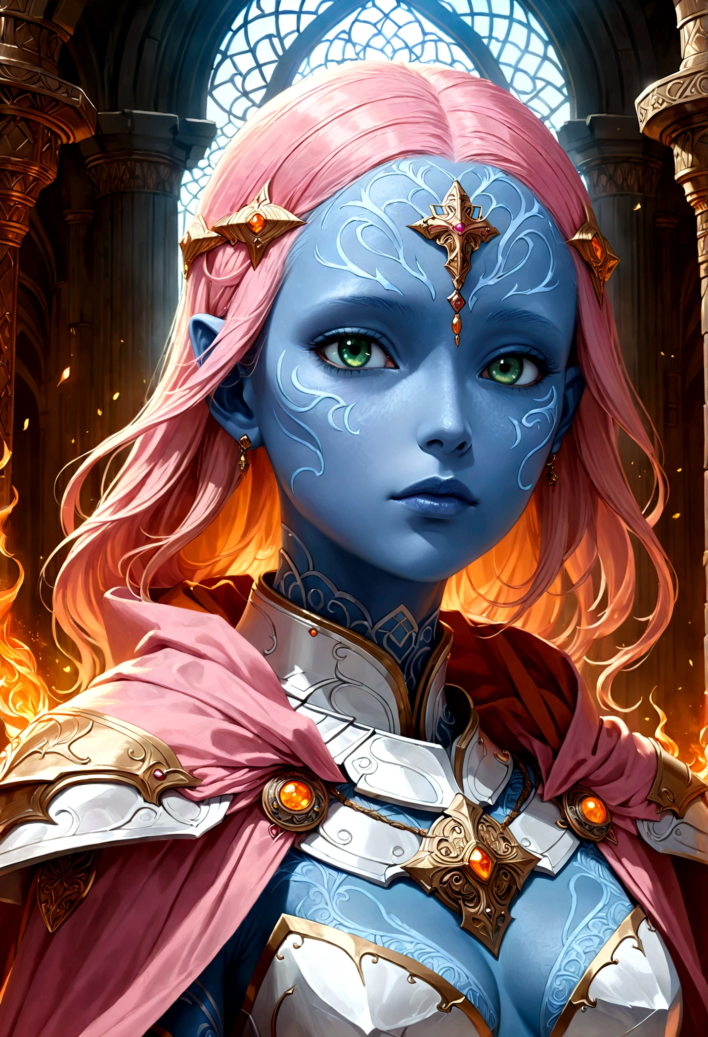 fantasy art, dnd art, RPG art, wide shot, (masterpiece: 1.4) a (portrait: 1.3) intense details, highly detailed, photorealistic, best quality, highres, portrait a female (fantasy art, Masterpiece, best quality: 1.3) ((blue skin: 1.5)), intense details facial details, exquisite beauty, (fantasy art, Masterpiece, best quality) cleric, (blue skinned: 1.3) female, (pink hair: 1.3), long hair, (no ears: 1.5), (green eyes: 1.3), armed with a fiery sword red fire, wearing (white armor: 1.3), wearing high heeled laced boots, wearing an (orange cloak:1.3), wearing glowing holy symbol GlowingRunes_yellow, within fantasy temple background, reflection light, high details, best quality, 16k, [ultra detailed], masterpiece, best quality, (extremely detailed), close up, ultra wide shot, photorealistic, RAW, fantasy art, dnd art, fantasy art, realistic art,((best quality)), ((masterpiece)), (detailed), perfect face,2d anime hand-drawn digital sketch style