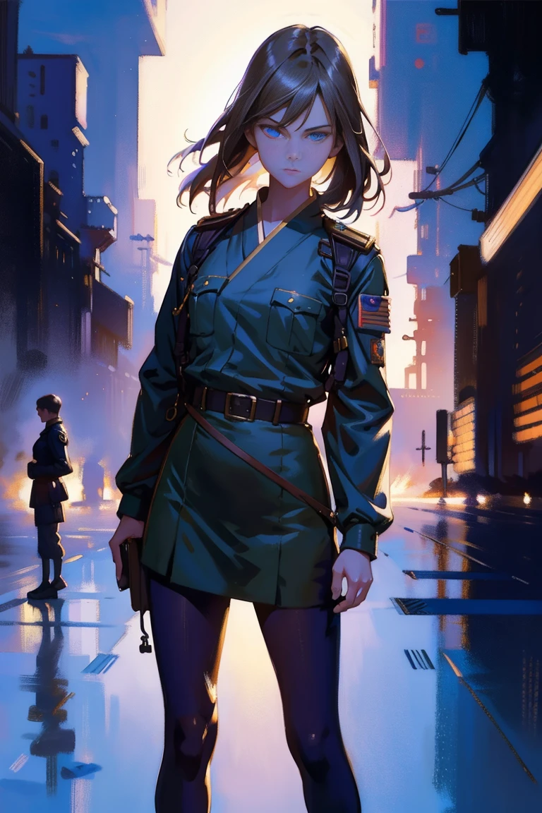 detailed full body portrait,(A girl with a determined look), (flying soldier)、(mandy jurgens) A realistic painting was created, transformation, Figurative art, Detailed Description, Realistically, Artwork, Contour, Colorful Noise, Visual clutter,Modern aesthetics、Japanese Style、Military airport、Wearing military uniform、In 1945