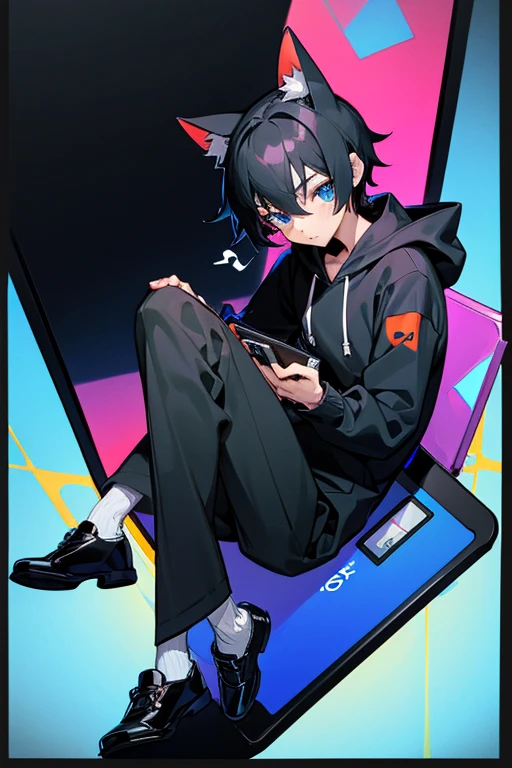 12 year old boy, black hair, blue eyes, full body, sony headphones, cat hoodie jersey, long sleeves, sony wristwatch, black trouser, black shoes, Sony tablet, Sony Cellphone,