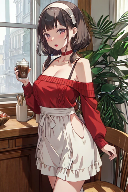 masterpiece, yor, 1girl, Amazing Cleavage:1.3, thin waist, big ass, Raised sexy, medium breast: 1.8 posed cleavage:1.2、solo, looking at viewer, open mouth, have a cup of coffee,black hair, red eyes, dress, bare shoulders, jewelry, collarbone, sidelocks, hairband, earrings, indoors, off shoulder, :o, sweater, arms behind back, plant, short hair with long locks, white hairband, off-shoulder dress, sweater dress, off-shoulder sweater, red sweater, big side hair, very long side hair,is rendered in (masterpiece: 1.2, best quality), with (ultra high resolution) and an exquisite (depth of field). This masterpiece is not only visually stunning but also tells, make of cake cooking ,in the kitchen