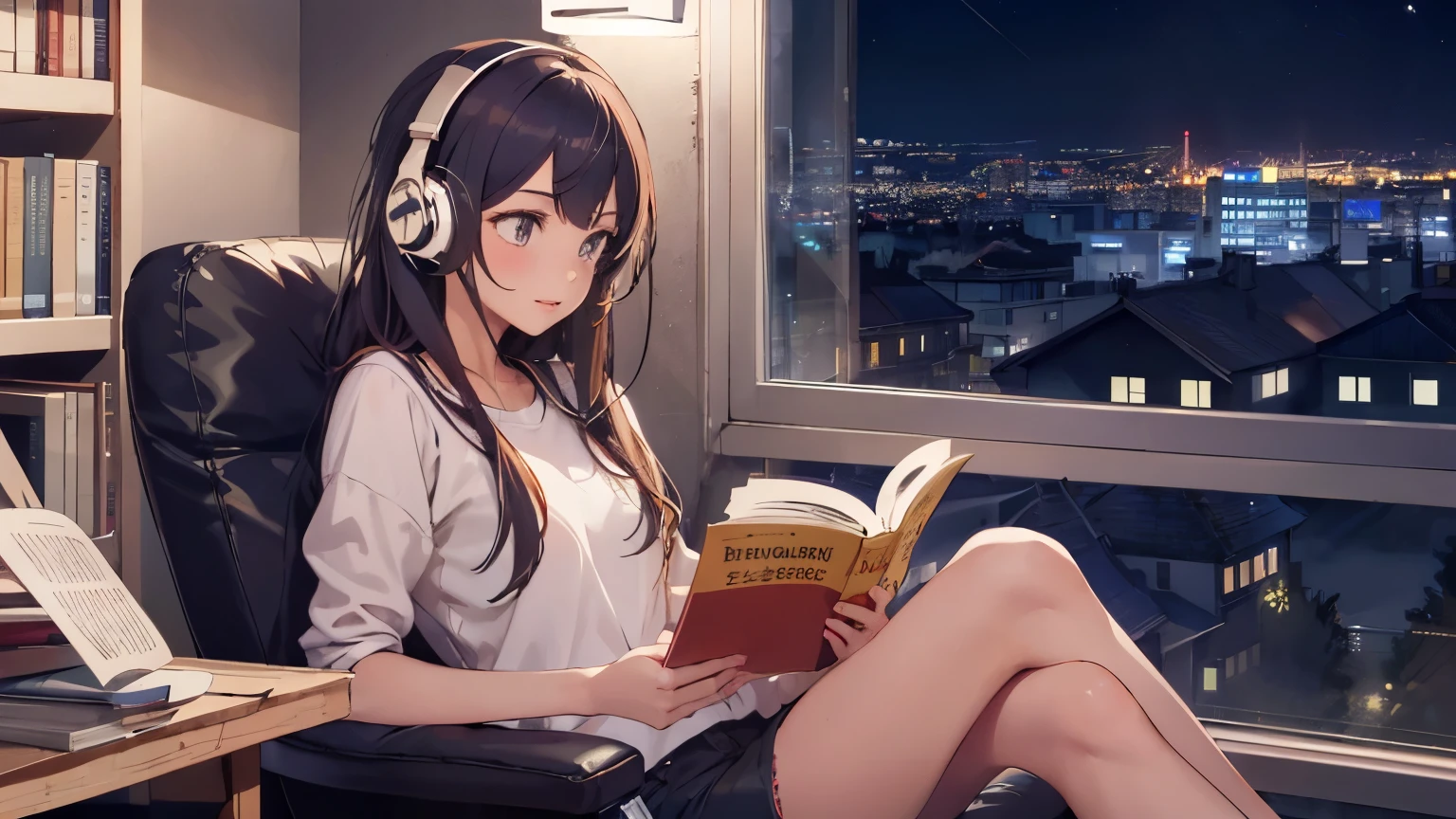 ((highest quality)), Girl with headphones,Reading in the study,Outside the window is night,Shorts