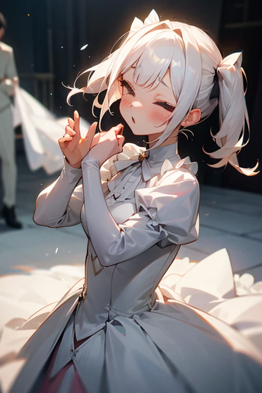 Short white hair, blush, 、Headbang 2、Wedding dress、Twin tails、sharp、、Save face image、