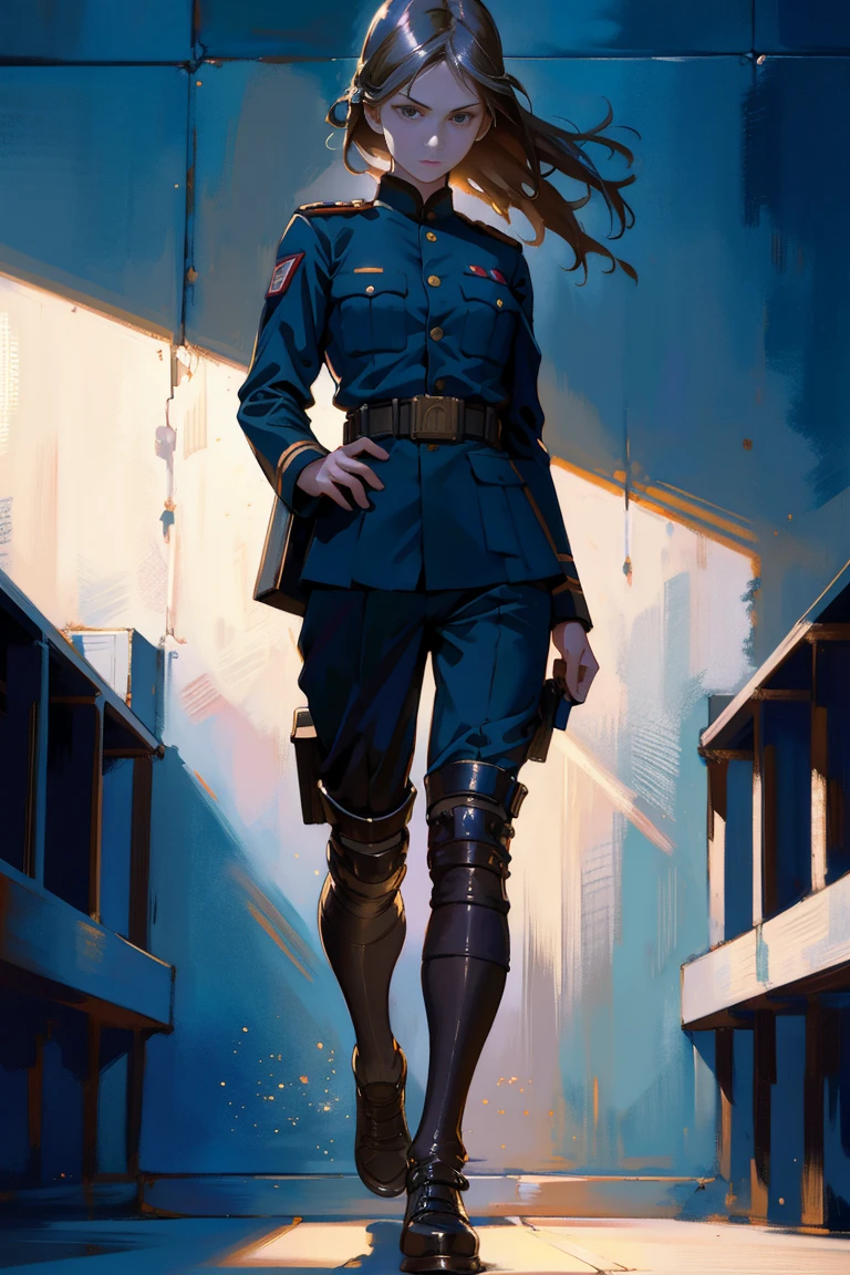 detailed full body portrait,(A girl with a determined look), (Soldier)、(mandy jurgens) A realistic painting was created, transformation, Figurative art, Detailed Description, Realistically, Artwork, Contour, Colorful Noise, Visual clutter,Modern aesthetics、Japanese Style、Military airport、Wearing military uniform、In 1945