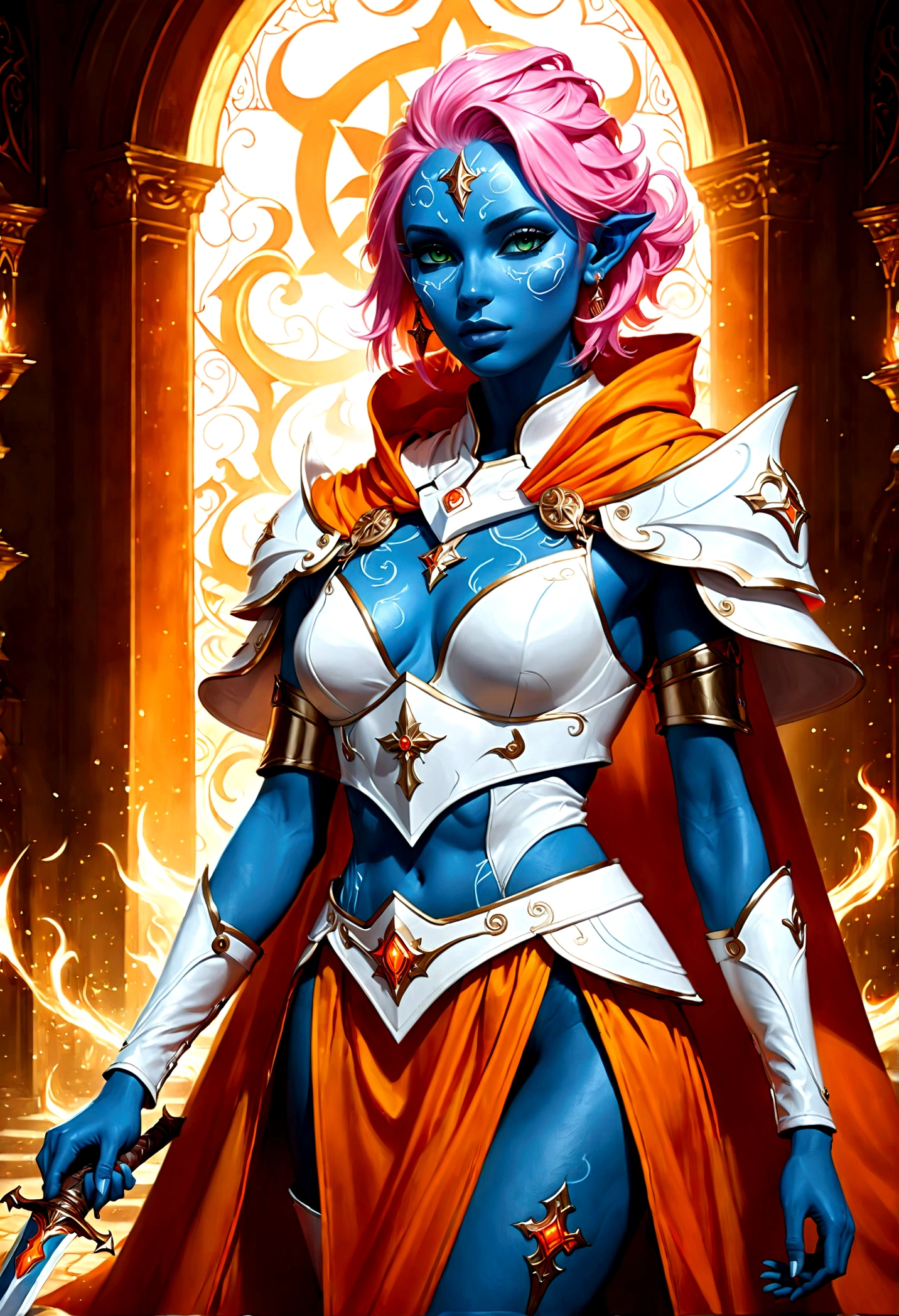 fantasy art, dnd art, RPG art, wide shot, (masterpiece: 1.4) a (portrait: 1.3) intense details, highly detailed, photorealistic, best quality, highres, portrait a female (fantasy art, Masterpiece, best quality: 1.3) ((blue skin: 1.5)), intense details facial details, exquisite beauty, (fantasy art, Masterpiece, best quality) cleric, (blue skinned: 1.3) female, (pink hair: 1.3), long hair, (no ears: 1.5), (green eyes: 1.3), armed with a fiery sword red fire, wearing (white armor: 1.3), wearing high heeled laced boots, wearing an (orange cloak:1.3), wearing glowing holy symbol GlowingRunes_yellow, within fantasy temple background, reflection light, high details, best quality, 16k, [ultra detailed], masterpiece, best quality, (extremely detailed), close up, ultra wide shot, photorealistic, RAW, fantasy art, dnd art, fantasy art, realistic art,((best quality)), ((masterpiece)), (detailed), perfect face,2