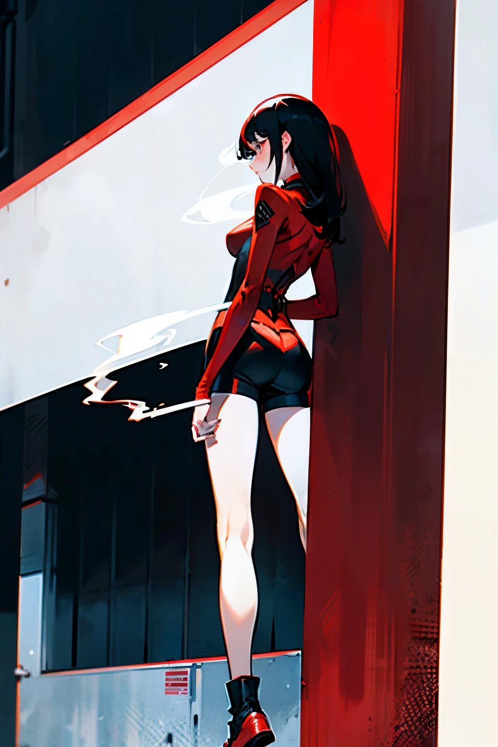 A black-haired woman stands with her back turned, her hair loose, a red suit and red shorts, white skin, a dark tone, standing on a building at night, standing with her back and holding a cigarette in her hand.