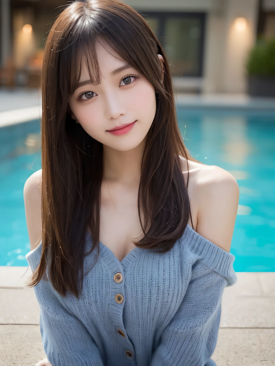 masutepiece, Best Quality, Illustration, Ultra-detailed, finely detail, hight resolution, 8K Wallpaper, Perfect dynamic composition, Beautiful detailed eyes, doress,Medium Hair, mid-chest, Natural Color Lip, Random and sexy poses,Smile, Blurred night pool background、20 years girl、Colossal 、Too much exposure、No shoulder knitwear（black）、Exposing the chest、Slid、I keep my hair tied up