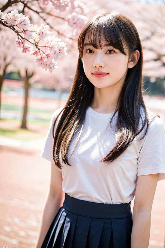 A girl walking under the cherry blossoms in the schoolyard,A white school long T-shirt with short sleeves and blue trim,Navy blue speed briefs,18-year-old,bangs,A small smile,Thighs,knees,Short hair and a low ponytail with a barrette,From below,Front light