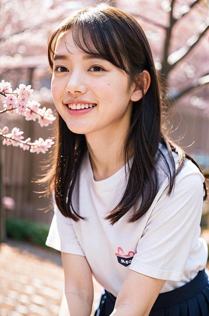 A girl walking under the cherry blossoms in the schoolyard,A white school long T-shirt with short sleeves and blue trim,Navy blue speed briefs,18-year-old,bangs,A small smile,Thighs,knees,Short hair and a low ponytail with a barrette,From below,Front light