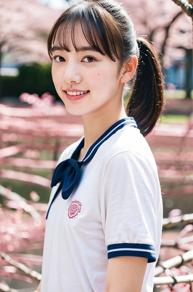 A girl walking under the cherry blossoms in the schoolyard,A white school long T-shirt with short sleeves and blue trim,Navy blue speed briefs,18-year-old,bangs,A small smile,Thighs,knees,Short hair and a low ponytail with a barrette,From below,Front light