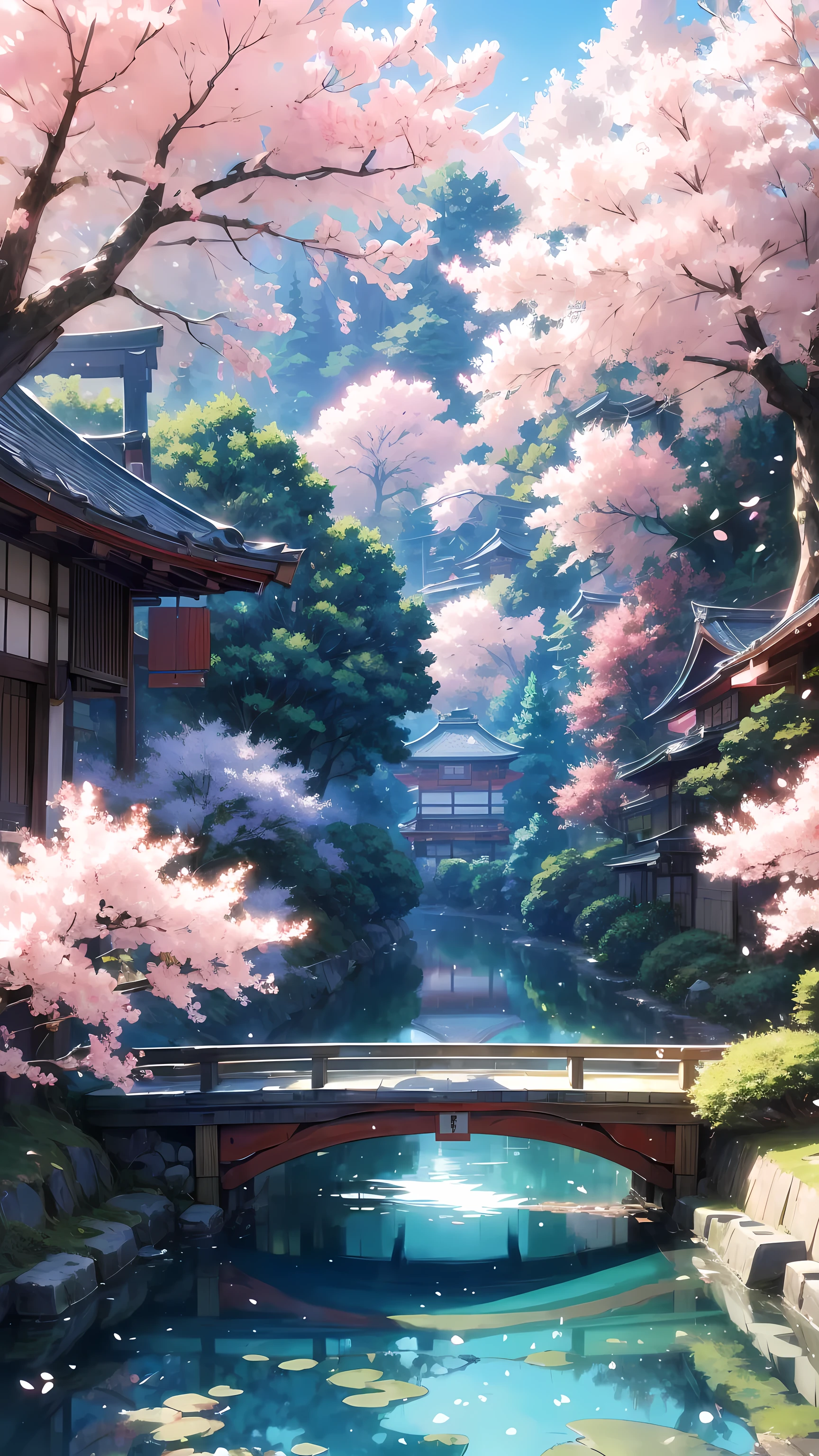 Beautiful shrine landscape, Cherry blossoms, pine, anime background technology, Japanese art style, Beautiful anime scene, Detailed Landscape - Width 672, background technology, Anime Landscape, Anime Background, Beautiful anime scenery, Beautiful peaceful scenes in anime, Landscape Artwork, Japanese Village, Anime Landscape concept art, 8K))