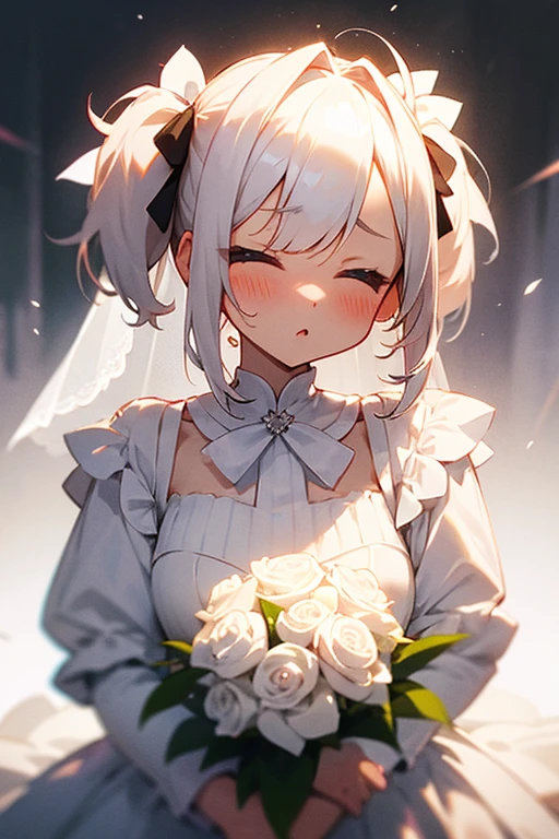 Short white hair, blush, 、Headbang 2、Wedding dress、Twin tails、sharp、、Save face image、