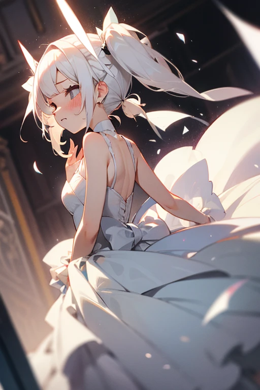 Short white hair, blush, 、Headbang 2、Wedding dress、Twin tails、sharp、、Save face image、
