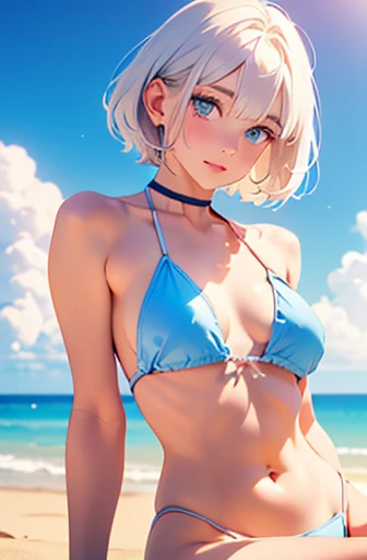 Sailor Moon in a white semi-transparent micro bikini、Beautiful blonde、Big beautiful blue eyes、Smooth, White skin like porcelain、A slightly plump style is the best、(Super short bob with short nape)、Sharp and stern expression、(((Detailed depictions of the body visible through the very thin material of the swimsuit、Detailed depiction of wrinkles in a swimsuit)))、Maximum Pixels、Photorealistic image quality、(Depiction of pointed areola)、Sitting pose with one leg bent