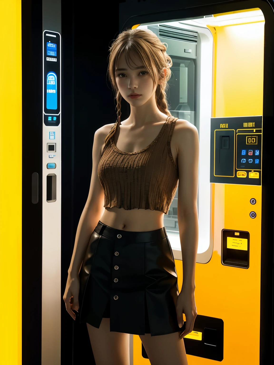 best quality, masterpiece, (realistic:1.2), 1girl, solo, (silhouette lighting:1.2), light brown french braids hair with bangs, cowboy shot, cyberpunk style, tank-top, short skirt, standing by vending machine