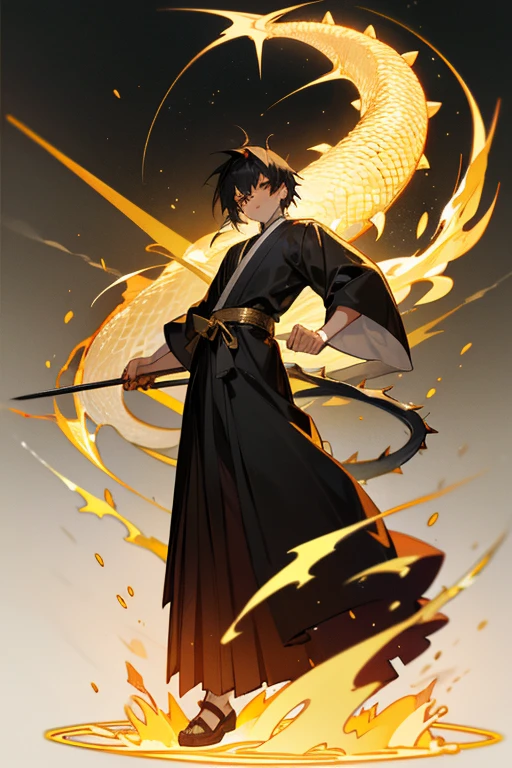 12 year old boy, white strand hai, spiky black hair, gold eyes, full body, Dragon Hakama, Golden & Silver Axes, Dragon Aura, Cultivator,