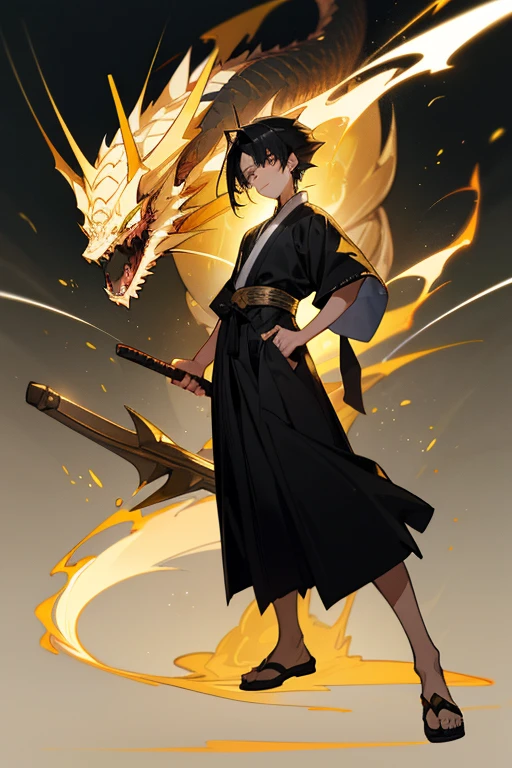12 year old boy, white strand hai, spiky black hair, gold eyes, full body, Dragon Hakama, Golden & Silver Axes, Dragon Aura, Cultivator,