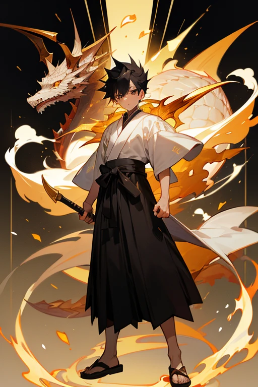 12 year old boy, white strand hai, spiky black hair, gold eyes, full body, Dragon Hakama, Golden & Silver Axes, Dragon Aura, Cultivator,