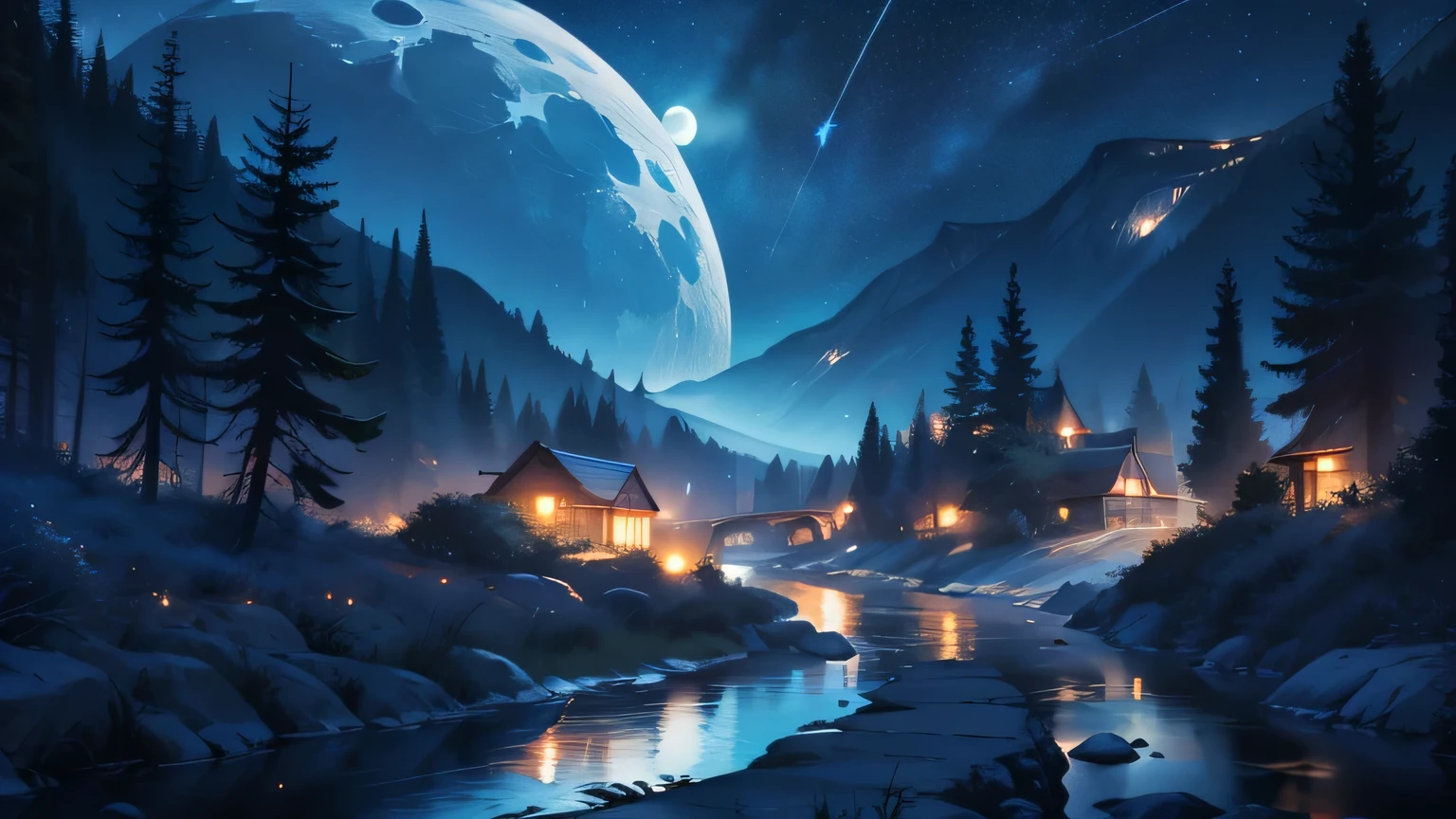 Creates a beautiful picture of a winding river on a starry night, Capture the beauty of the moonlit sky, A bright moon and stars twinkle in the background.