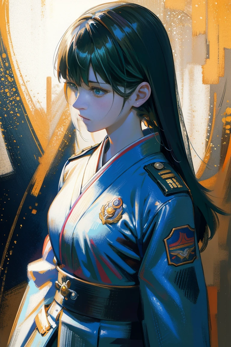 detailed full body portrait，(A girl with a determined look), (Japanese soldierandy jurgens) A realistic painting was created, transformation, Figurative art, Detailed Description, Realistically, Artwork, Contour，  Colorful Noise, Visual clutter,Modern aesthetics、Japanese Style、Military airport、Wearing military uniform、In 1945