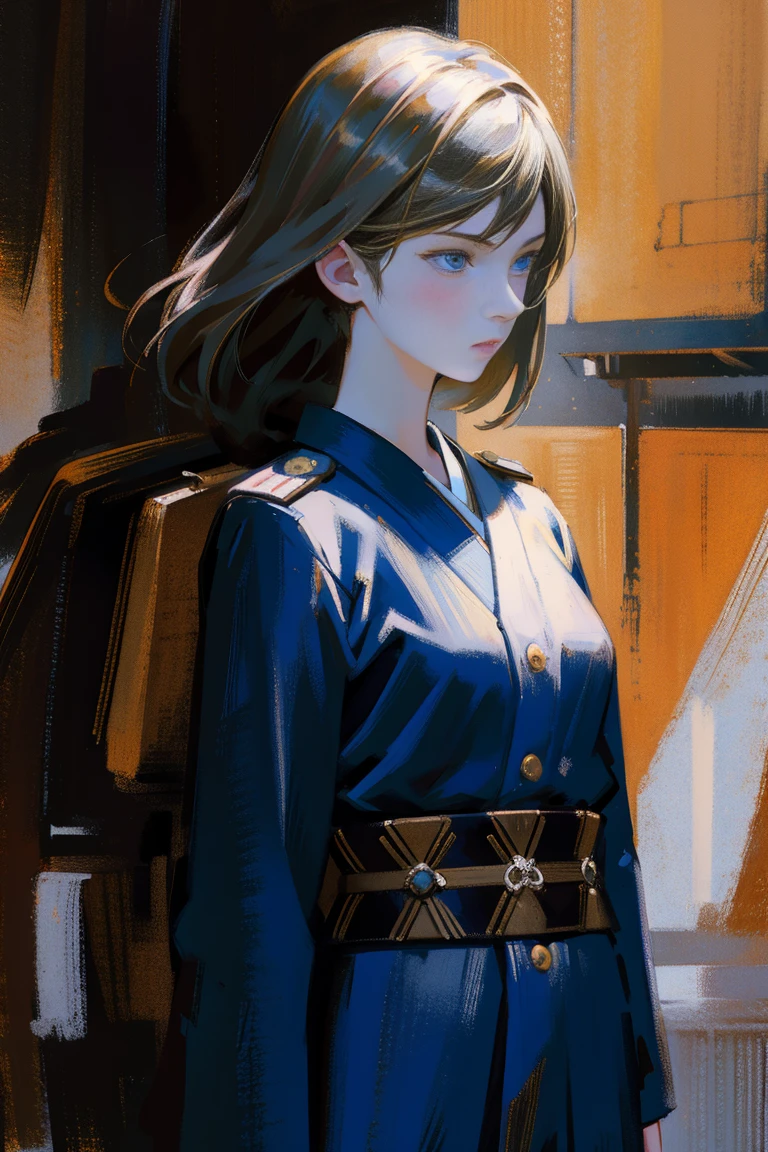 detailed full body portrait,(A girl with a determined look), (Japanese soldierandy jurgens) A realistic painting was created, transformation, Figurative art, Detailed Description, Realistically, Artwork, Contour, Colorful Noise, Visual clutter,Modern aesthetics、Japanese Style、Military airport、Wearing military uniform、In 1945