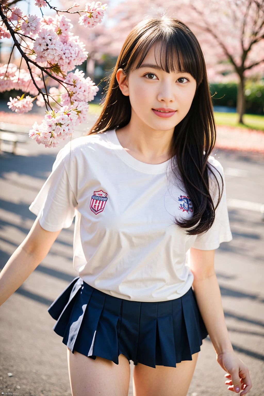 A girl walking under the cherry blossoms in the schoolyard,A white school long T-shirt with short sleeves and blue trim,Navy blue speed briefs,18-year-old,bangs,A small smile,Thighs,knees,Short hair and a low ponytail with a barrette,From below,Front light、Full body pose