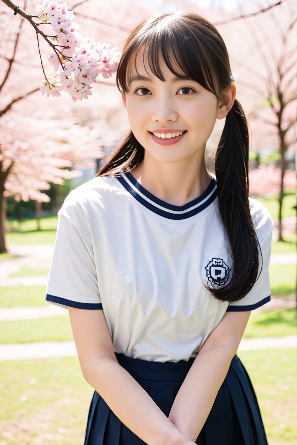 A girl walking under the cherry blossoms in the schoolyard,A white school long T-shirt with short sleeves and blue trim,Navy blue speed briefs,18-year-old,bangs,A small smile,Thighs,knees,Short hair and a low ponytail with a barrette,From below,Front light、Full body pose