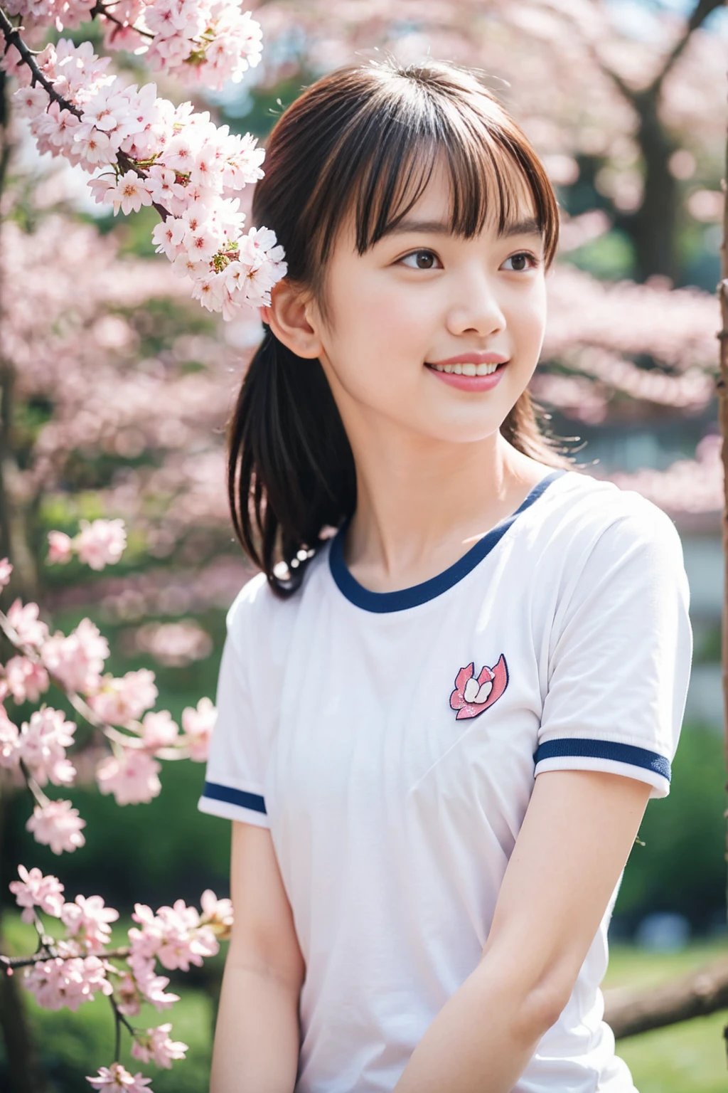 A girl walking under the cherry blossoms in the schoolyard,A white school long T-shirt with short sleeves and blue trim,Navy blue speed briefs,18-year-old,bangs,A small smile,Thighs,knees,Short hair and a low ponytail with a barrette,From below,Front light、Full body pose