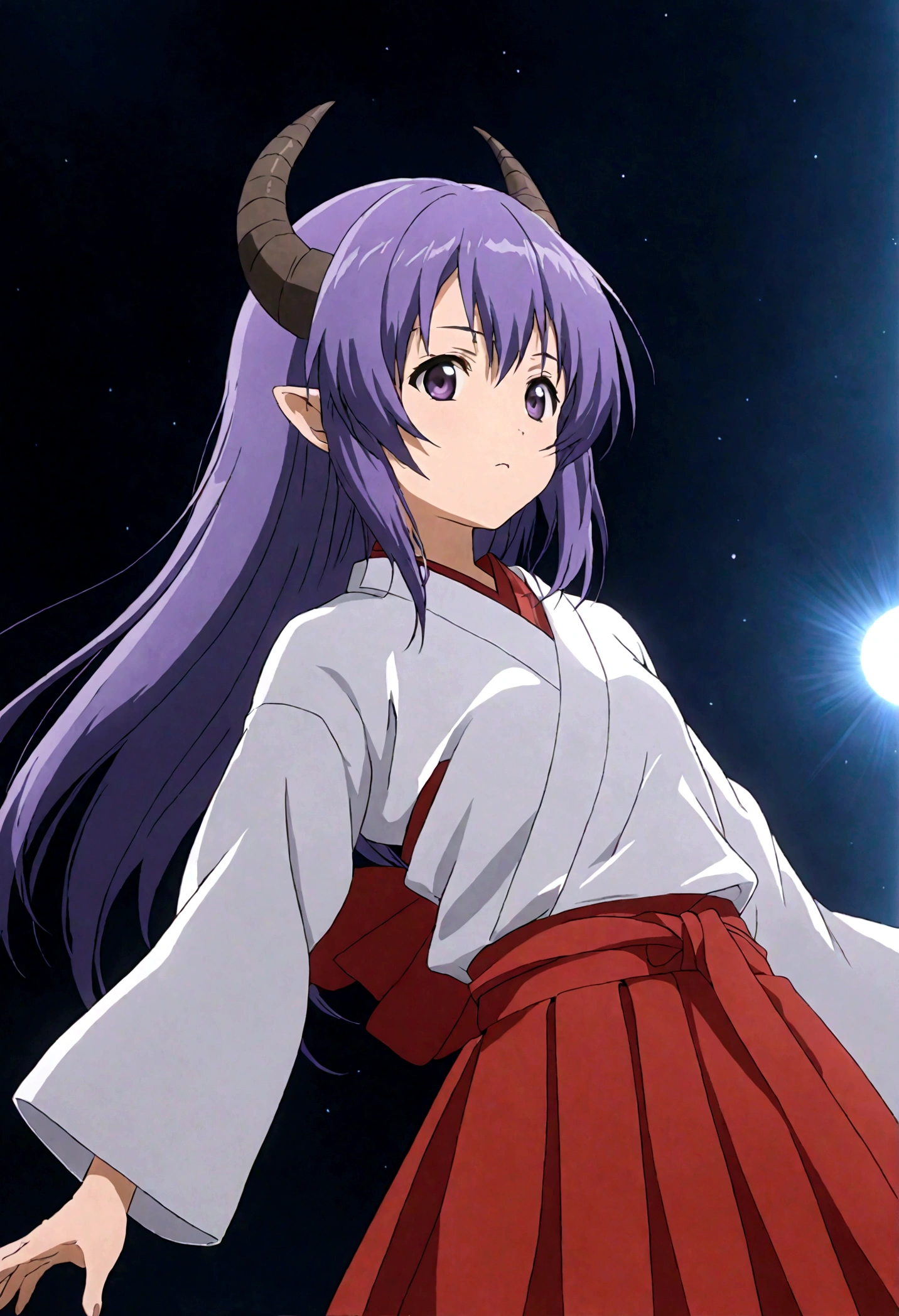 score_9, score_8_up, score_7_up, score_6_up, source_anime,BREAK , 1girl, hanyuu, solo, (tween:1.2), kawaii, ((horns)), medium breasts, purple eyes, purple hair, long hair, simple background, white background, japanese clothes, miko, skirt, hakama, hakama skirt, red detached sleeves, red hakama,Advancing through a distorted time-space, ,cinematic angle,,anime screencap, anime coloring,,(cinematic lighting,professional lighting),cinematic shadows,backlighting