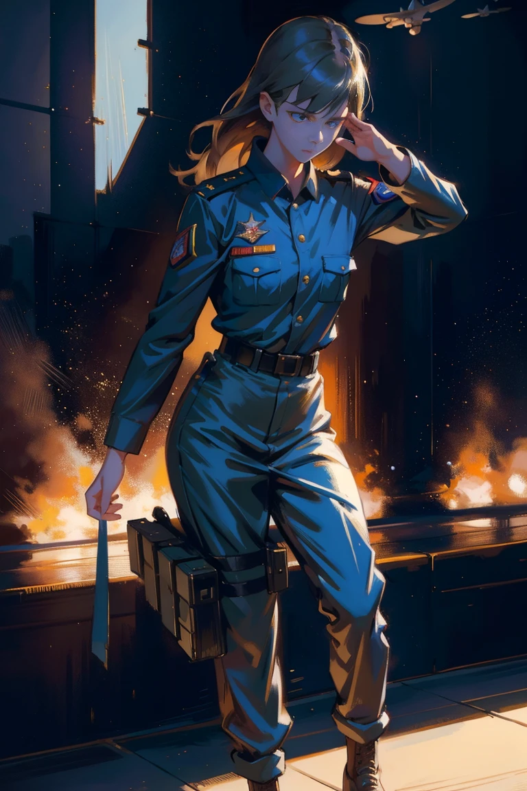detailed full body portrait,(A girl with a determined look), (Air Force Soldier)、(mandy jurgens) A realistic painting was created, transformation, Figurative art, Detailed Description, Realistically, Artwork, Contour, Colorful Noise, Visual clutter,Modern aesthetics、Japanese Style、Military airport、Wearing military uniform、In 1945、Salute pose