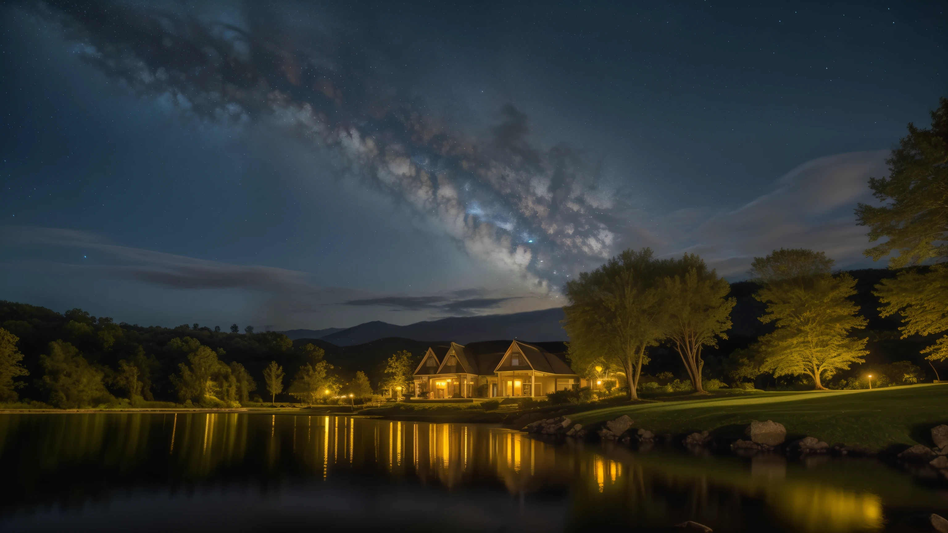 Master Parts, nice, landscape, (((no_Humanos))), night, flower, garden, Starry Sky, constellation,moon, amazing, Overlooking, water, warm, comfortable, peaceful, meteor, Cosmic, magic, magic, details, fair, ((fire Fly))