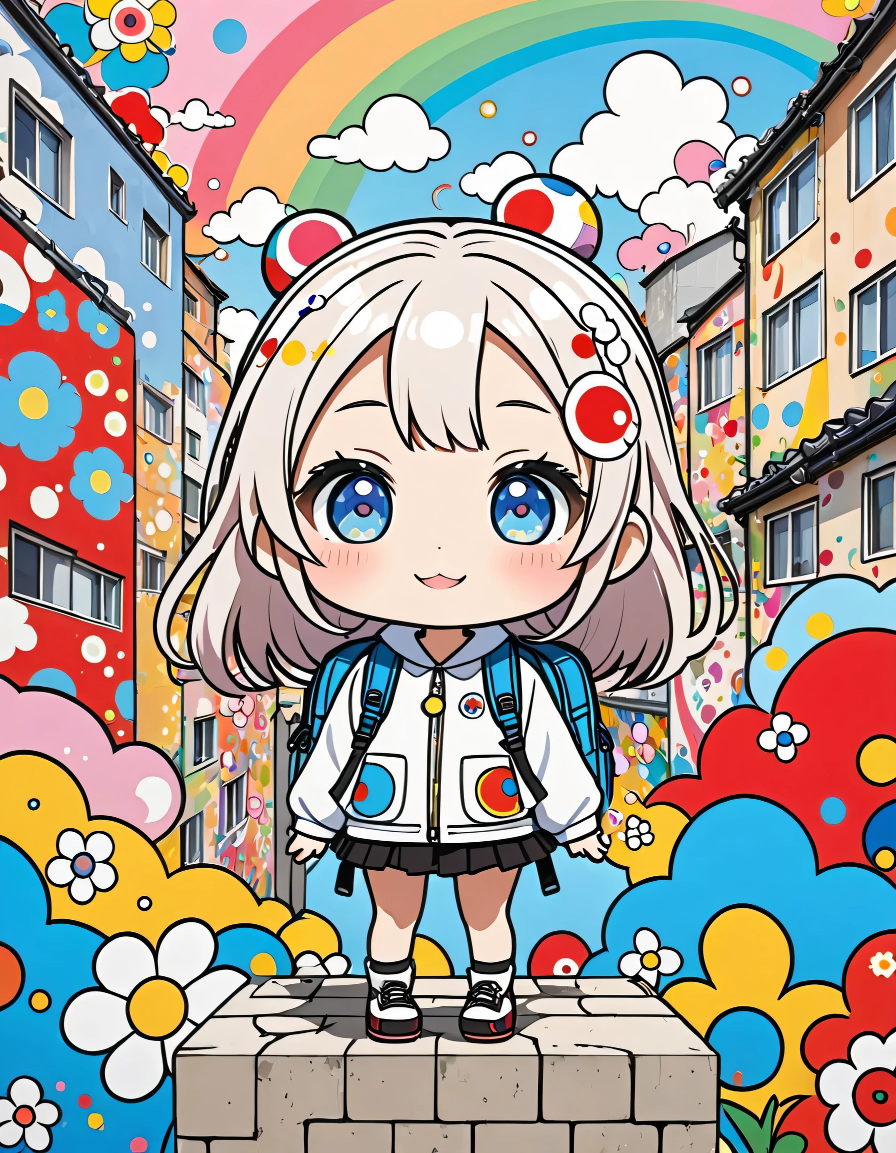 Takashi Murakami style, Standing in front of a high wall,Girl with backpack on rooftop,My backpack is full of happy spring,Simple Line Initialism,Abstract art,Urban Background, (((The most beautiful girl))), (((chibi)))