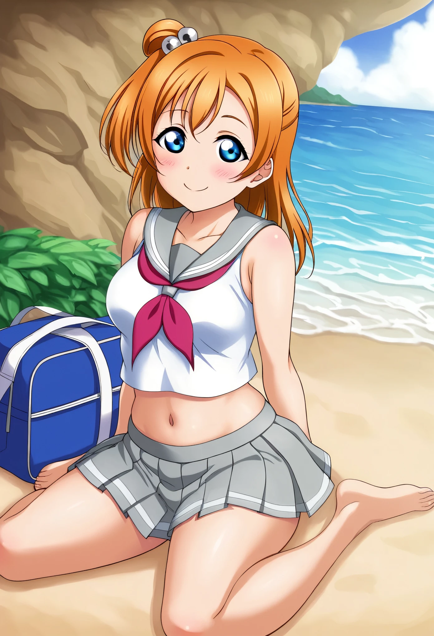 Masterpiece, best quality, love live style,solo , honoka kousaka, blue eyes, orange hair,blush, smile, skirt, sitting, sleeveless, pleated skirt, sitting,wariza, barefoot, serafuku, grey skirt, uranohoshi ,navel,beach ,thicc thighs