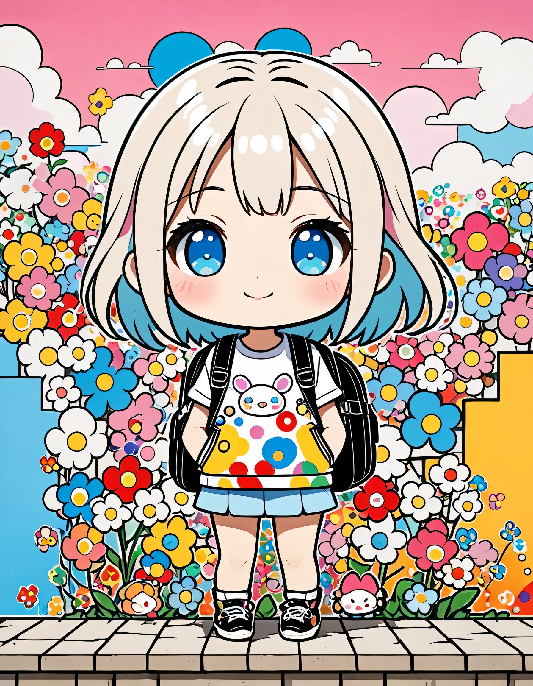 Takashi Murakami style, Standing in front of a high wall,Girl with backpack on rooftop,My backpack is full of happy spring,Simple Line Initialism,Abstract art,Urban Background, (((The most beautiful girl))), (((chibi)))