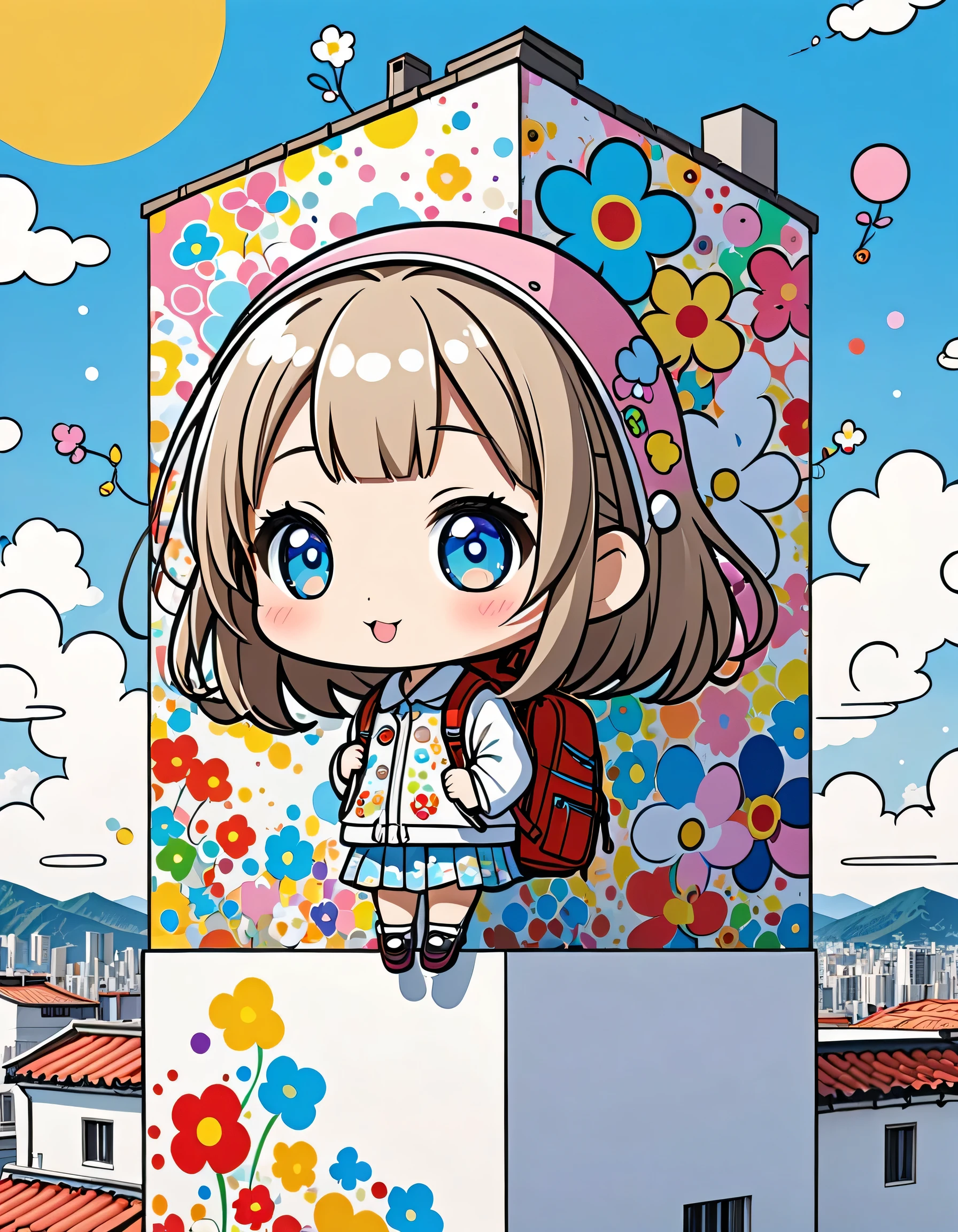 Takashi Murakami style, Standing in front of a high wall，Girl with backpack on rooftop，My backpack is full of happy spring，Simple Line Initialism，Abstract art，Urban Background, (((The most beautiful girl))), (((chibi)))