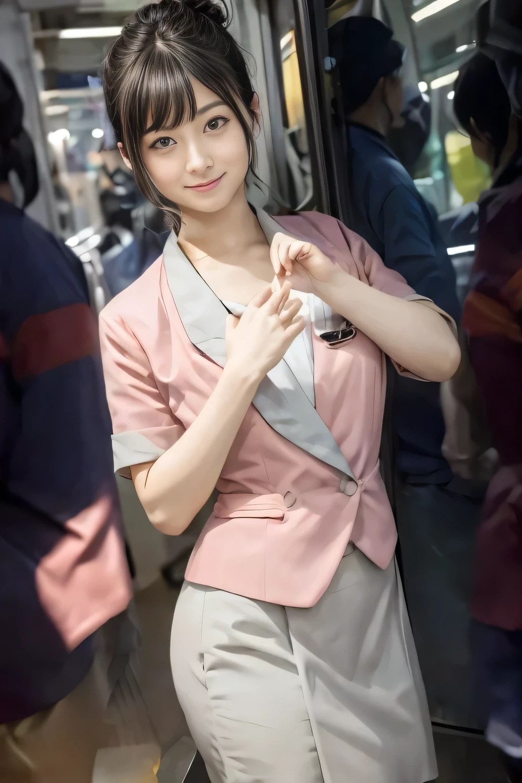 (masterpiece:1.2, highest quality:1.2), 32K HDR, High resolution, (alone、1 girl)、（On the rooftop of a building in the daytime、Professional Lighting）、Building rooftop background、（Nankai train crew uniform pinkを着たリアルスタイル）、（Nankai train crew uniform pink short sleeve pink jacket、Nankai Train Crew Uniform Pink Collarless Short Sleeve Blouse、Nankai Train crew uniform pinkのグレー色のキュロットスカート）、Dark brown hair、（Hair tied up、Hair Bun、Hair Bun）、Dark brown hair、Long Shot、Big Breasts、Thin legs、（（Great hands：2.0）），（（Harmonious body proportions：1.5）），（（Normal limbs：2.0）），（（Normal finger：2.0）），（（Delicate eyes：2.0）），（（Normal eyes：2.0））)、smile、（Nankai Train crew uniform pinkのグレー色のキュロットスカートを見せた美しい歩く姿）、Keep your hands natural