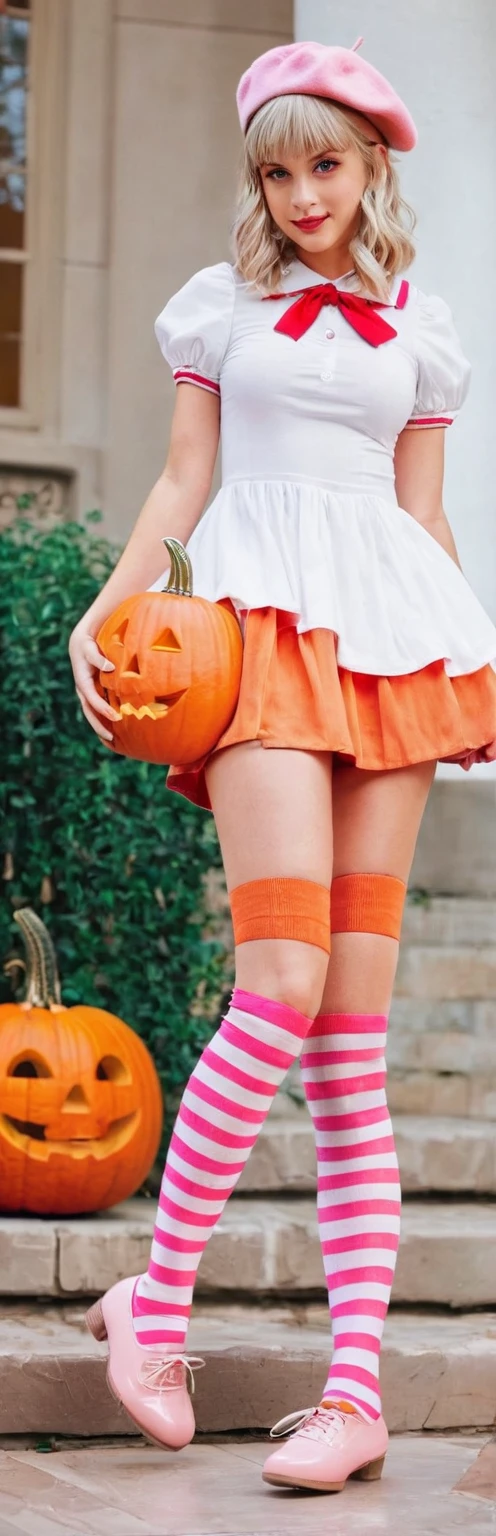 (masterpiece, best quality:1.2), 1girl, solo,standing_split, 
A photo of a beautiful lady cosplaying Lambdadelta, pink beret, dress, blonde hair, short hair, pink and white striped knee highs, pink shoes, red eyes, pumpkin, 