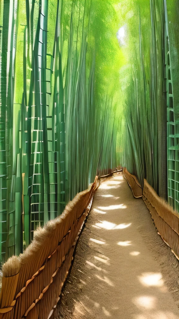 A highly realistic photograph of the Arashiyama Bamboo Grove in Kyoto. Tall bamboo stalks sway gently in the breeze, creating a tunnel of greenery. Soft light filters through the dense bamboo, casting dappled shadows on the path below. The texture of the bamboo, the play of light and shadow, and the serene ambiance are captured in vivid detail, evoking a sense of peace and natural beauty.
