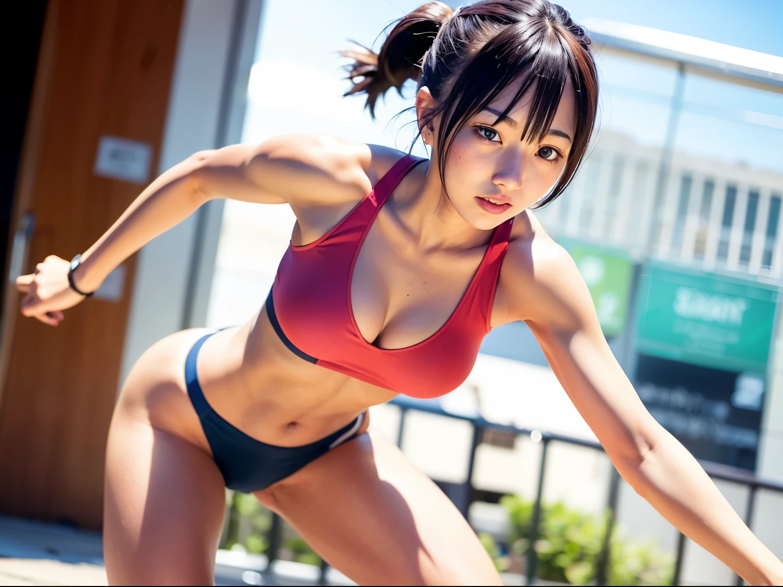 a healthy and sporty Japanese girl, athletic slender body,anime style, vibrant colors, action lines, detailed, trending on Instagram