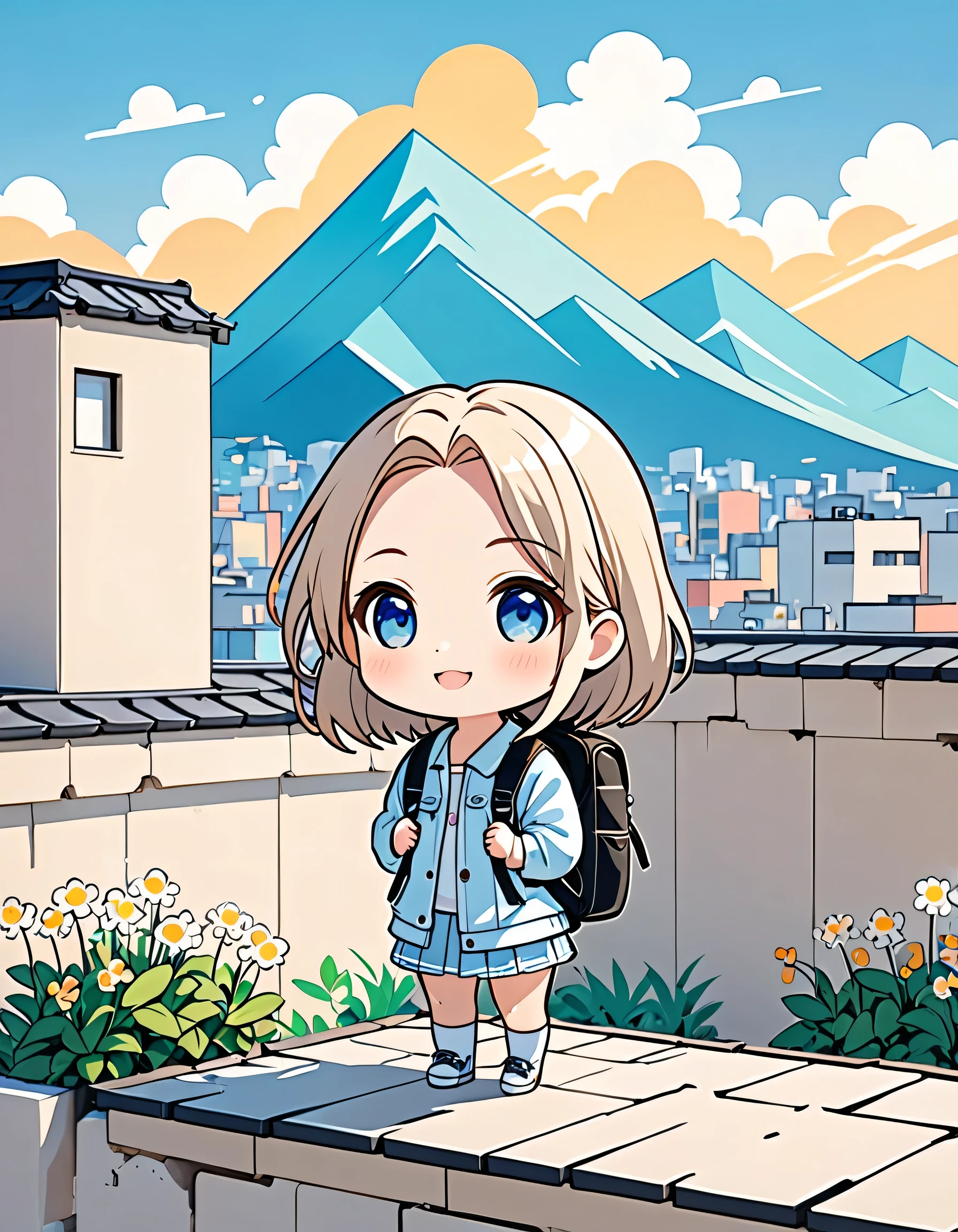 Watase Seizo style, Standing in front of a high wall,Girl with backpack on rooftop,My backpack is full of happy spring,Simple Line Initialism,Abstract art,Urban Background, (((The most beautiful girl))), (((chibi)))