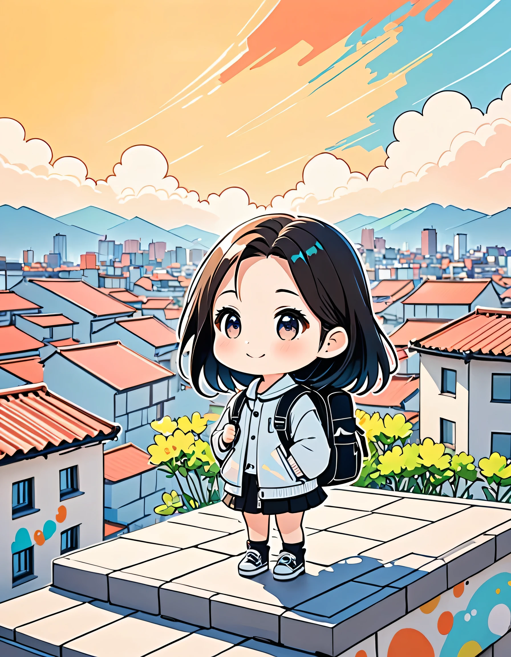 Fujichoco style, Standing in front of a high wall，Girl with backpack on rooftop，My backpack is full of happy spring，Simple Line Initialism，Abstract art，Urban Background, (((The most beautiful girl))), (((chibi)))