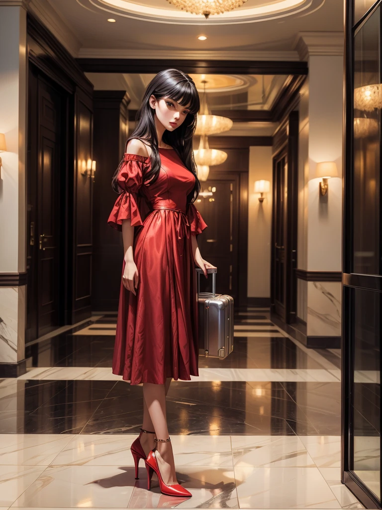 An incredibly beautiful young femme fatale brunette with long black straight hair, long bangs, dressed in a light short summer red dress, purple eyes, high-heeled shoes, next to her a large suitcase on wheels, in her hands a small purse. She's standing in the lobby of the hotel. Masterpiece, beautiful face, perfect image, realistic photos,  8k, detailed image, extremely detailed illustration, a real masterpiece of the highest quality, with careful drawing.