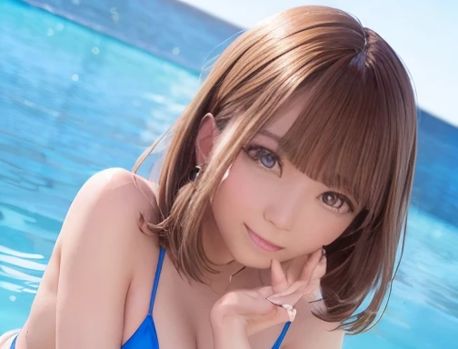 ((nsfw)),Blue sky、White Entrance Cloud、blue sea、Calm, clear water surface、(One girl with her upper body above the water)、(High leg bikini、Big Breasts)、Bob Hair、Brown Hair、masterpiece、Highest quality、highest quality、16k、Highest photo quality、Detailed Background、Anatomically correct、Beautiful face、Lustrous skin、Accurate Face、Accurate body、Accurate limbs、Accurate Fingers、(Wide-angle view、View the whole body)、