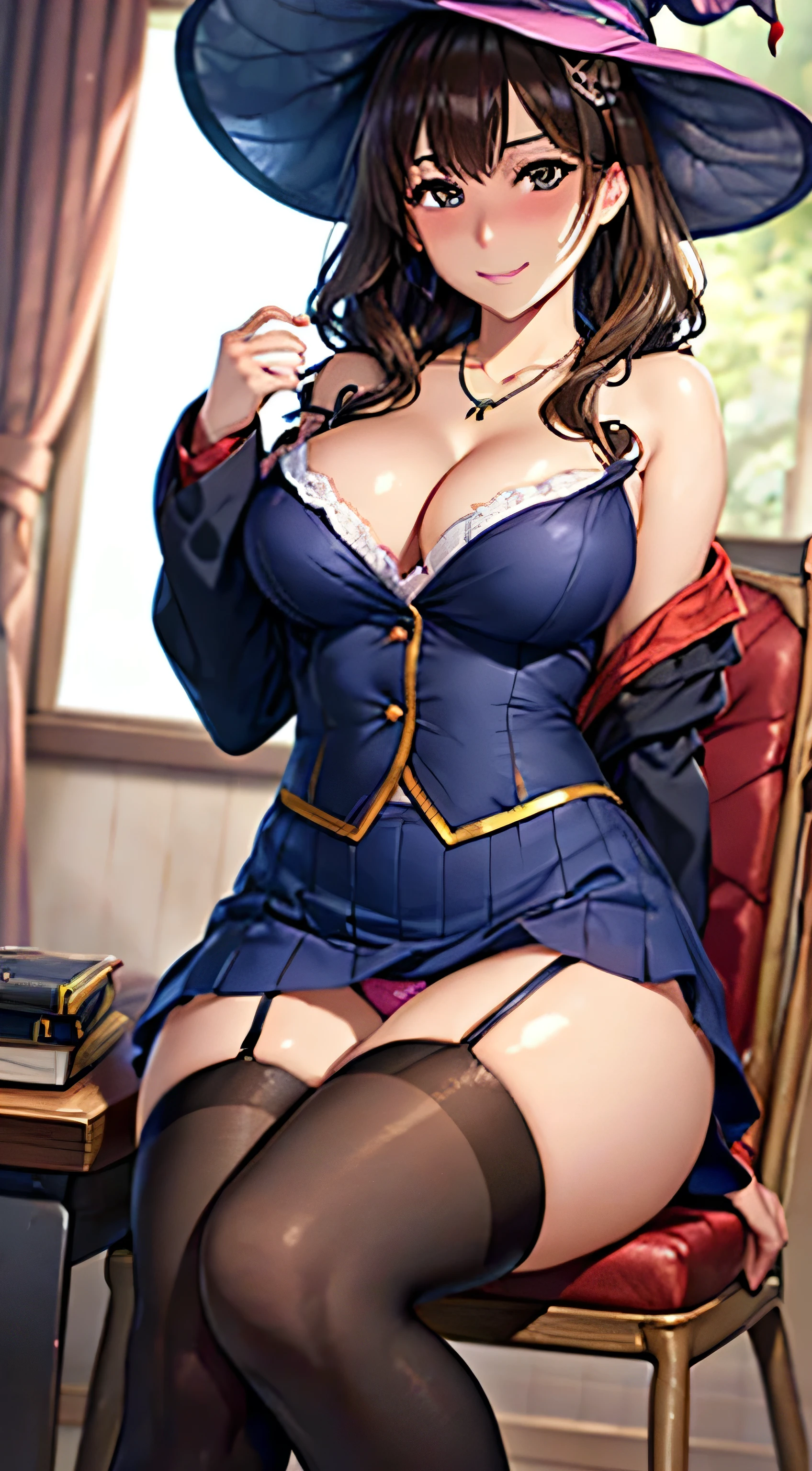 ((Tabletop, highest quality, High resolution, , Pixel Perfect, 4K, ))), Beautiful female teacher,, alone, beauty、The whole body is visible、 (((Witch Cosplay), Long dark blonde wavy hair、Off-the-shoulder jacket,　Dark blue flared skirt、Witch Hat、Black knee-high stockings、Gorgeous hair ornament、Gorgeous necklace、Mid-wave hair, bangs, Brown Hair)), ((Brown eyes, Beautiful eyelashes, Realistic eyes)), ((Detailed face, Blushing:1.2)), ((Smooth texture:0.75, Realistic texture:0.65, Realistic:1.1, Anime CG Style)), Center of chest, Dynamic Angle, Perfect body, ((,)), 、No bra、Very embarrassing panic smile, 、Big castle library、Sit on a chair、A large magic book on a desk、Put your elbows on the desk、Showing cleavage、、(、Nipples are slightly visible、A little bit of pink lace panties are visible、)、Angle from below