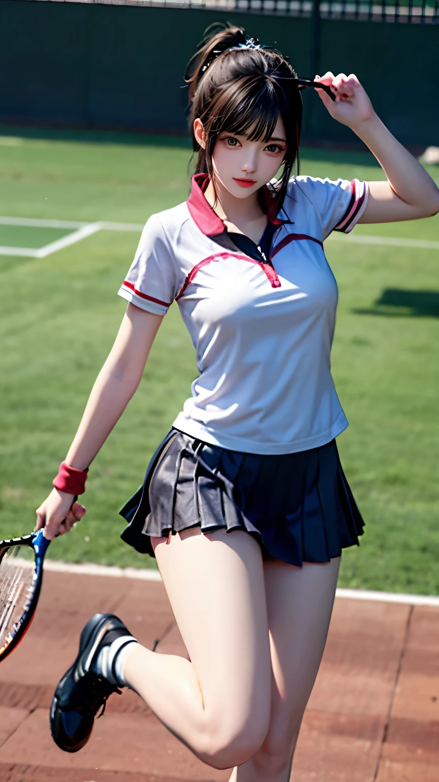 (Very delicate and beautiful:1.2)super model,,Big Breasts,Beautiful breasts,voluptuous,【bike shorts】,,【3girls】,,highest quality, High resolution, 8K,Kick in a hurry,Tennis Wear.mini skirt