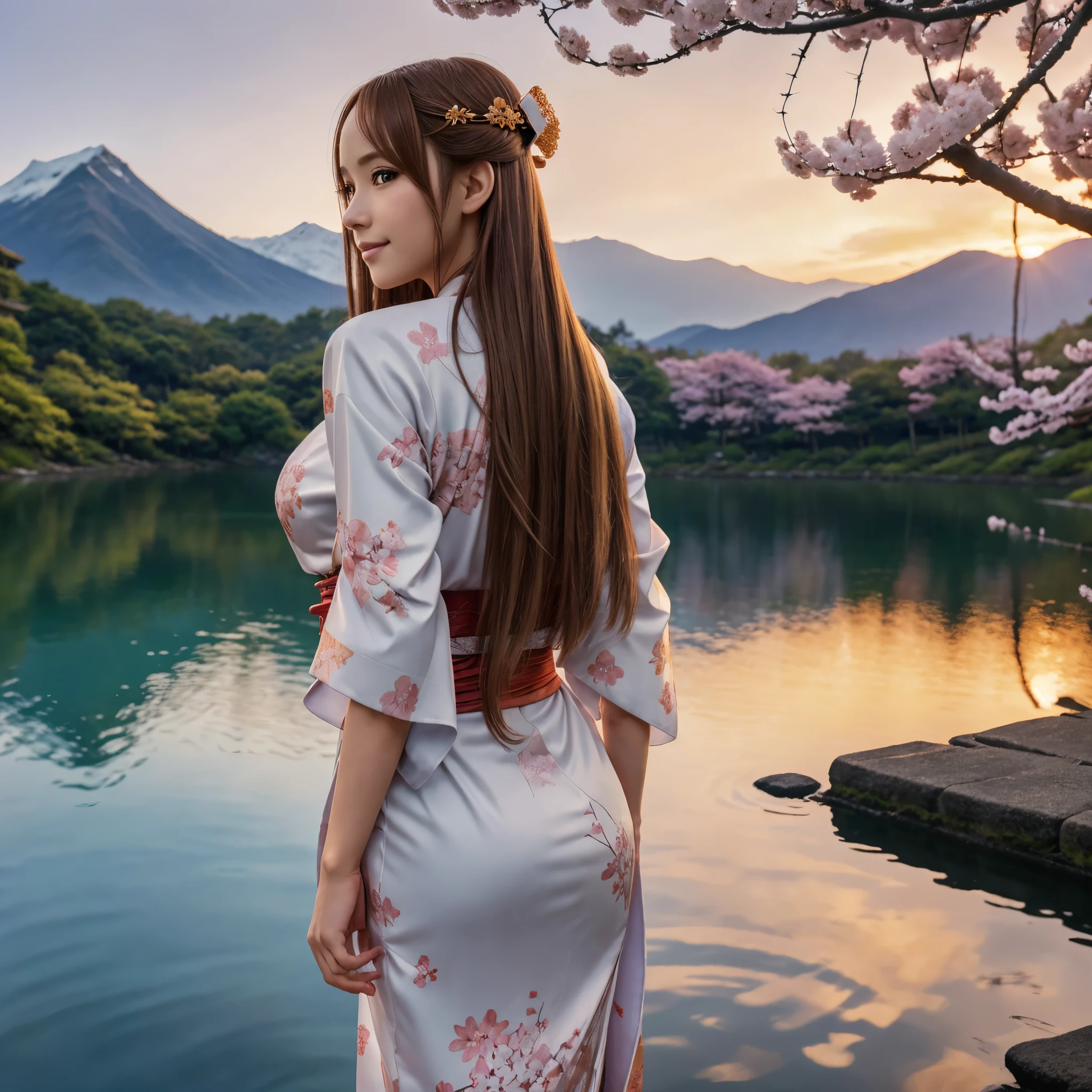 asuna, masterpiece, best quality, detailed, (1girl), solo, detailed golden eyes, long hair, standing, close to viewer, (detailed kimono), light smile, medium breasts, (arms behind back), water, sunset, (hair ornament), (Sakura bloom), snow mountain lake in the background