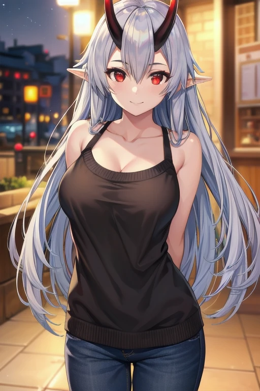 masterpiece, best quality, 1girl, tomoe gozen, torino style, glowing red eyes, smug smile, hair between eyes, silver long hair, elf, oni horns, sweater, bare shoulders, cleavage, hands behind back, ultra-detailed, realistic, photorealistic, HDR, UHD, studio lighting, ultra-fine painting, sharp focus, physically-based rendering, extreme detail description, professional, vivid colors, bokeh