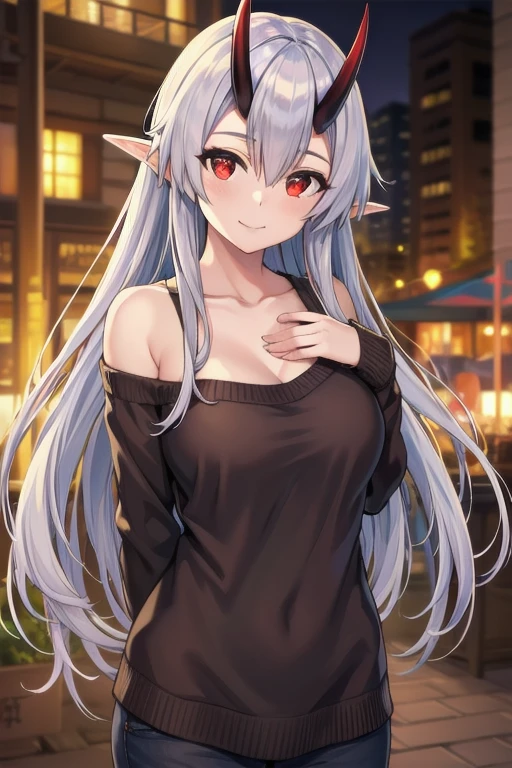 masterpiece, best quality, 1girl, tomoe gozen, torino style, glowing red eyes, smug smile, hair between eyes, silver long hair, elf, oni horns, sweater, bare shoulders, cleavage, hands behind back, ultra-detailed, realistic, photorealistic, HDR, UHD, studio lighting, ultra-fine painting, sharp focus, physically-based rendering, extreme detail description, professional, vivid colors, bokeh