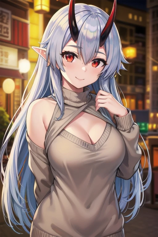 masterpiece, best quality, 1girl, tomoe gozen, torino style, glowing red eyes, smug smile, hair between eyes, silver long hair, elf, oni horns, sweater, bare shoulders, cleavage, hands behind back, ultra-detailed, realistic, photorealistic, HDR, UHD, studio lighting, ultra-fine painting, sharp focus, physically-based rendering, extreme detail description, professional, vivid colors, bokeh